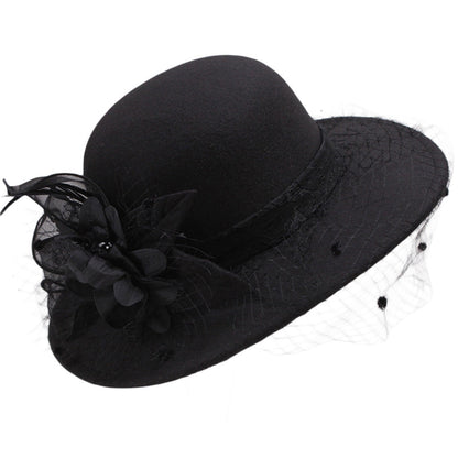 Women's Wide Brim Fedora Hat with Black Lace Veil & Floral Decor - Non- Derby Cap for Church, Bridal Tea Party, Formal Events Good Vibrations