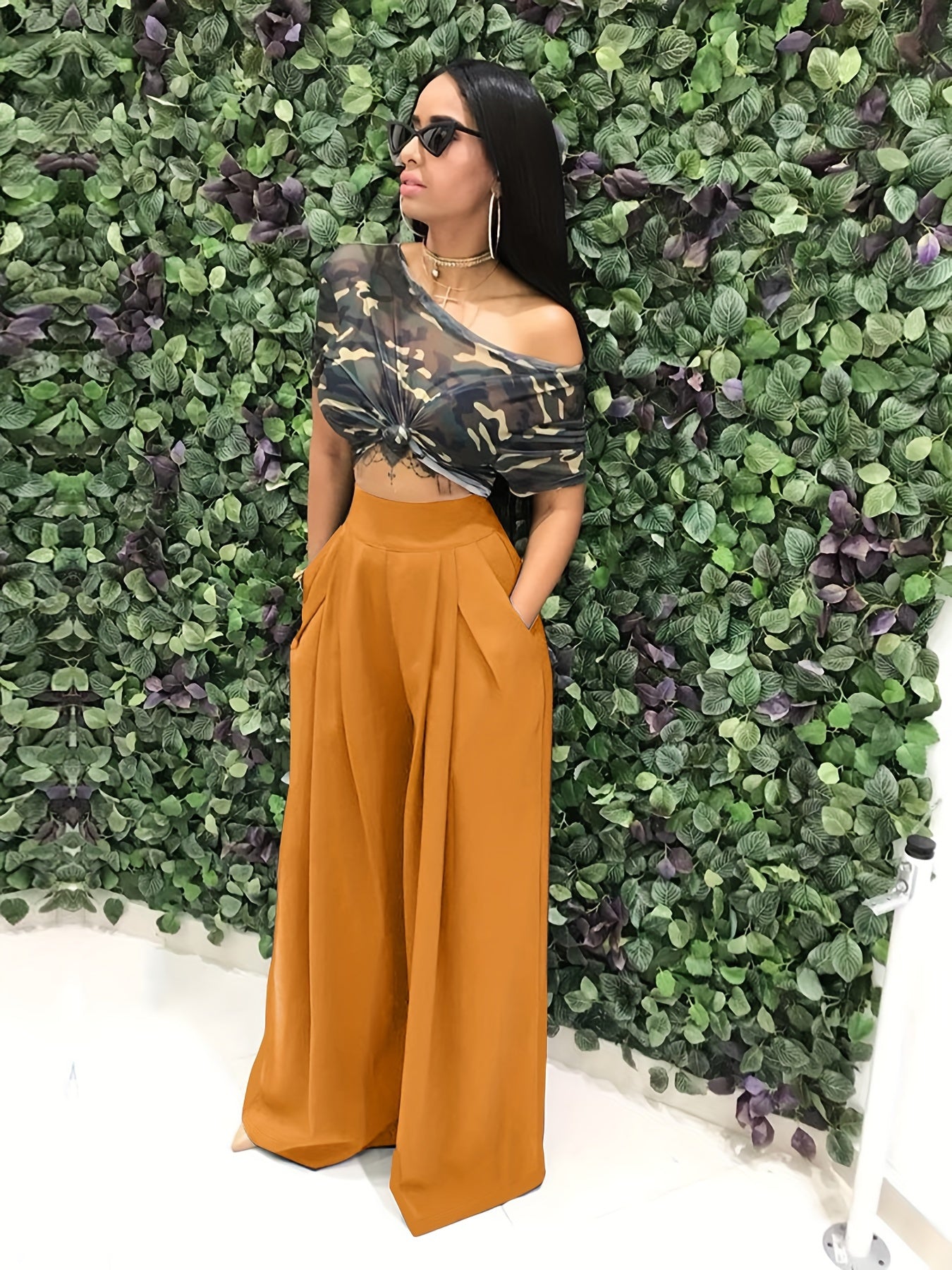 Loose Straight Flare Pants, Casual Pocket High Waist Solid Wide Leg Fashion Comfy Pants, Women's Clothing Good Vibrations