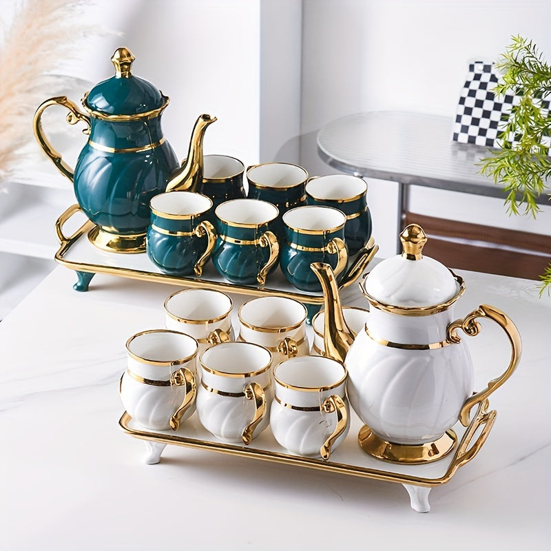 14-Pieces Luxurious Porcelain Teapot Set - Includes Ceramic Coffee Cups, Teacups, Golden Spoon, Tea Party Tray Holder, and Gift Sets for Elegant Entertaining Good Vibrations