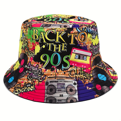 1pc Trendy Unisex Sunshade Bucket Hat with 90s Print - Double-Sided for Outdoor Beach - Great Gift Idea Good Vibrations
