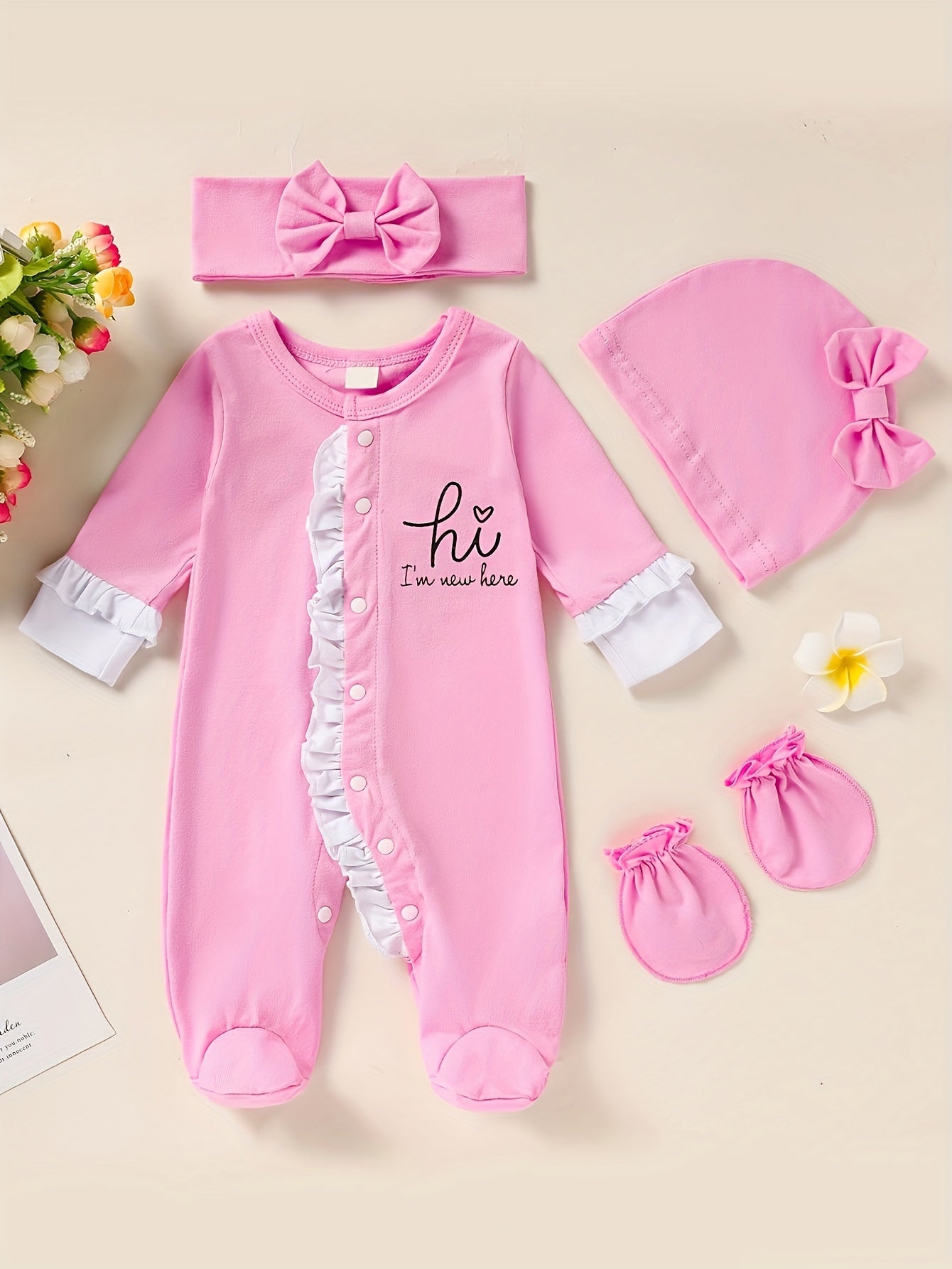 Newborn Baby Girl Clothes, Letter Print Footed Romper Jumpsuit & Headband & Hat & Baby Mittens, Cute Infant Clothing Set Good Vibrations