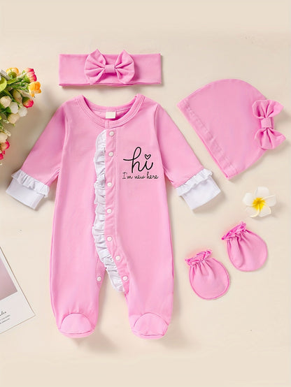 Newborn Baby Girl Clothes, Letter Print Footed Romper Jumpsuit & Headband & Hat & Baby Mittens, Cute Infant Clothing Set Good Vibrations