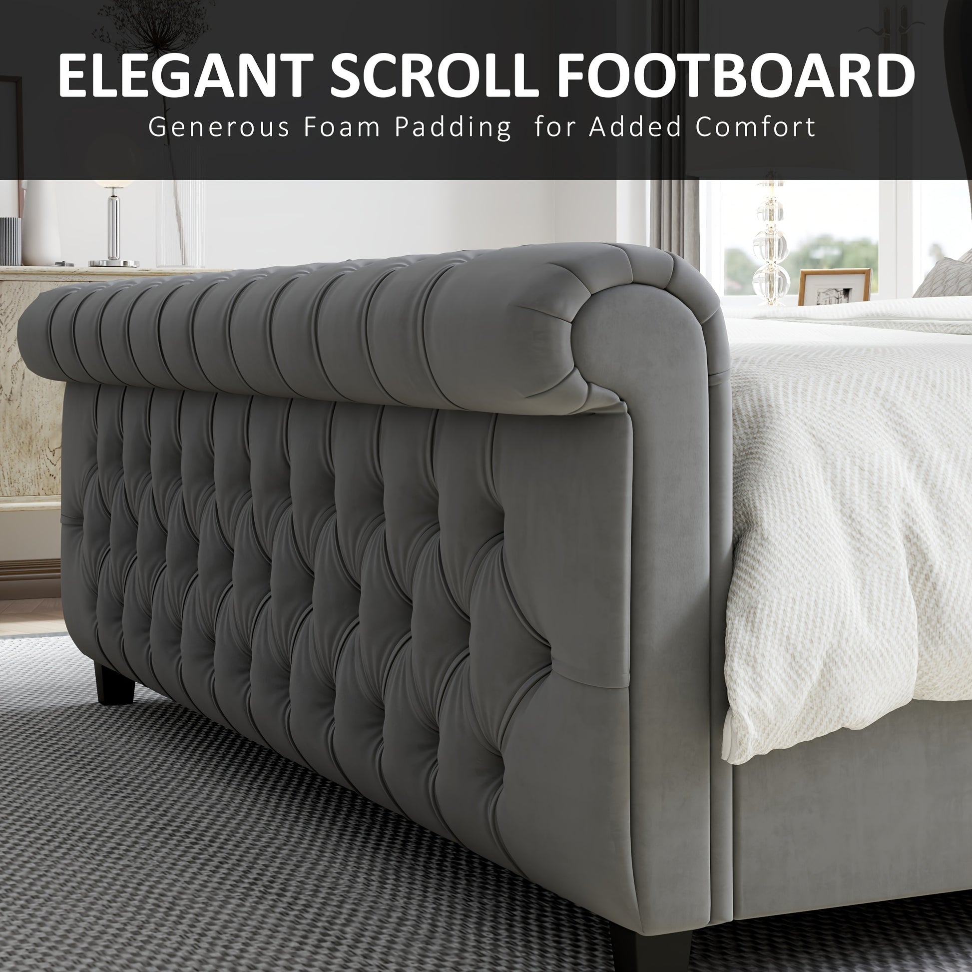 Platform Bed Frame, Chenille Upholstered Sleigh Bed with Scroll Wingback Headboard & Footboard/Button Tufted/No Box Spring Required/ Good Vibrations