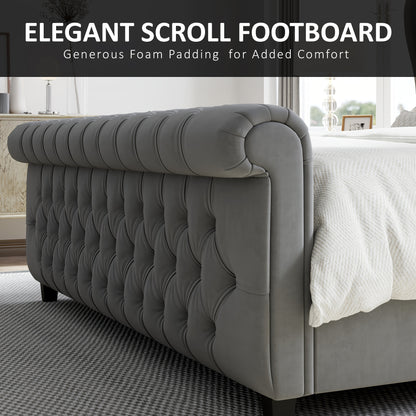 Platform Bed Frame, Chenille Upholstered Sleigh Bed with Scroll Wingback Headboard & Footboard/Button Tufted/No Box Spring Required/ Good Vibrations