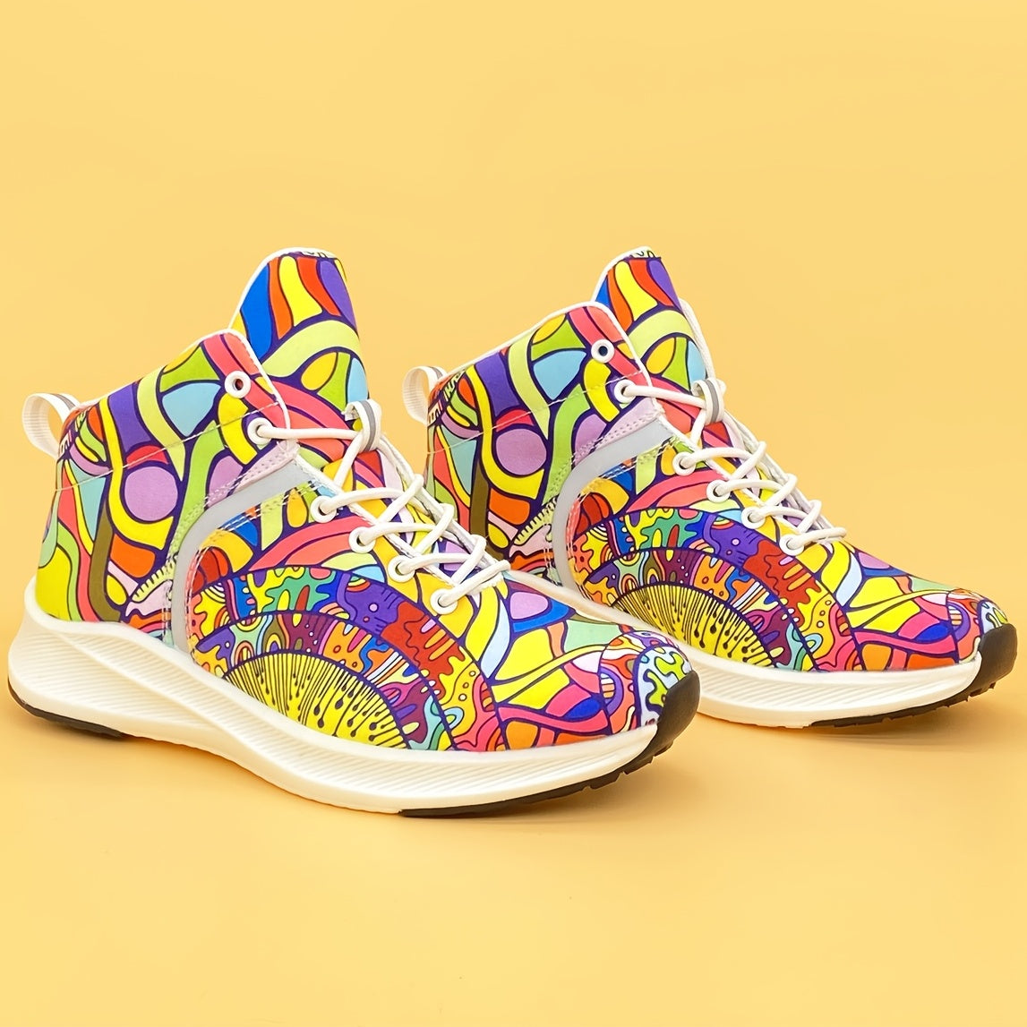 [Reflective Sneakers] Lightweight, Reflective Women's Hand-Painted Cartoon Print High-Top Sneakers | Lace-Up Casual Shoes with Soft Fabric Upper & EVA/Rubber Sole for North American & Mexican Fashion - Winter-Ready Good Vibrations