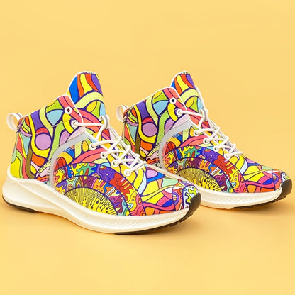 [Reflective Sneakers] Lightweight, Reflective Women's Hand-Painted Cartoon Print High-Top Sneakers | Lace-Up Casual Shoes with Soft Fabric Upper & EVA/Rubber Sole for North American & Mexican Fashion - Winter-Ready Good Vibrations