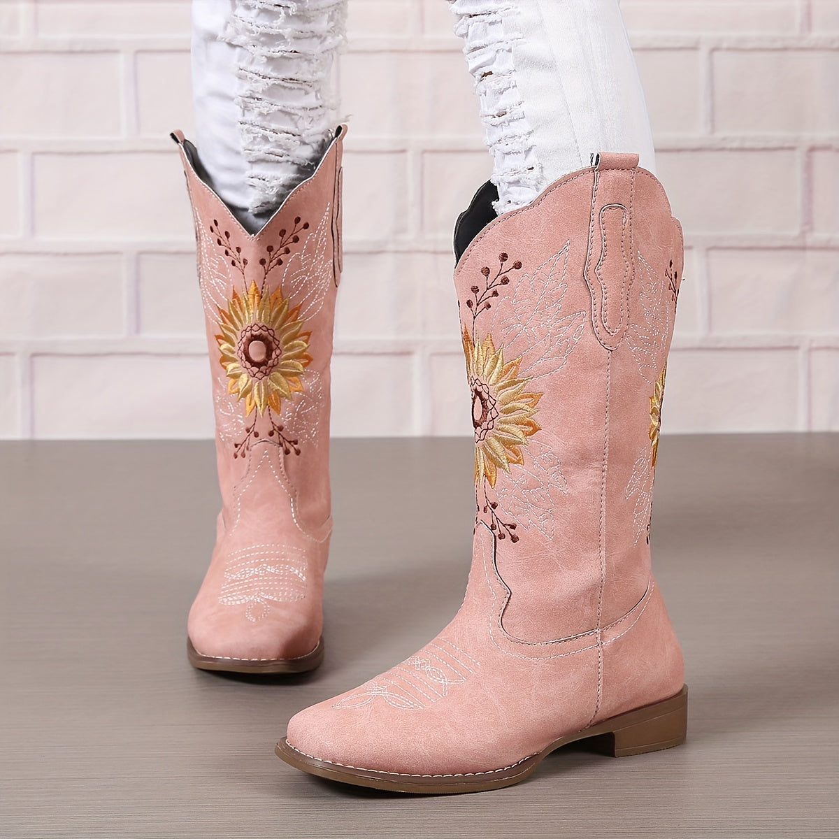 [Mid Calf Embroidered Western Boots] Women's Embroidered Mid Calf Western Boots, Faux Leather Fashion Boots, Women's Footwear Good Vibrations