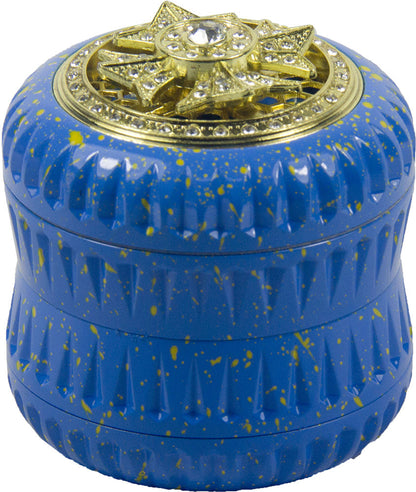 4-Layer Aluminum Herb Grinder with Built-in Fidget Spinner Top, Unique Star-Shaped Spinner Design with Embedded Rhinestones, Textured Body with Colorful Speckled Pattern for Enhanced Grip, Durable Construction and Smooth Grin Good Vibrations Adult Super Store