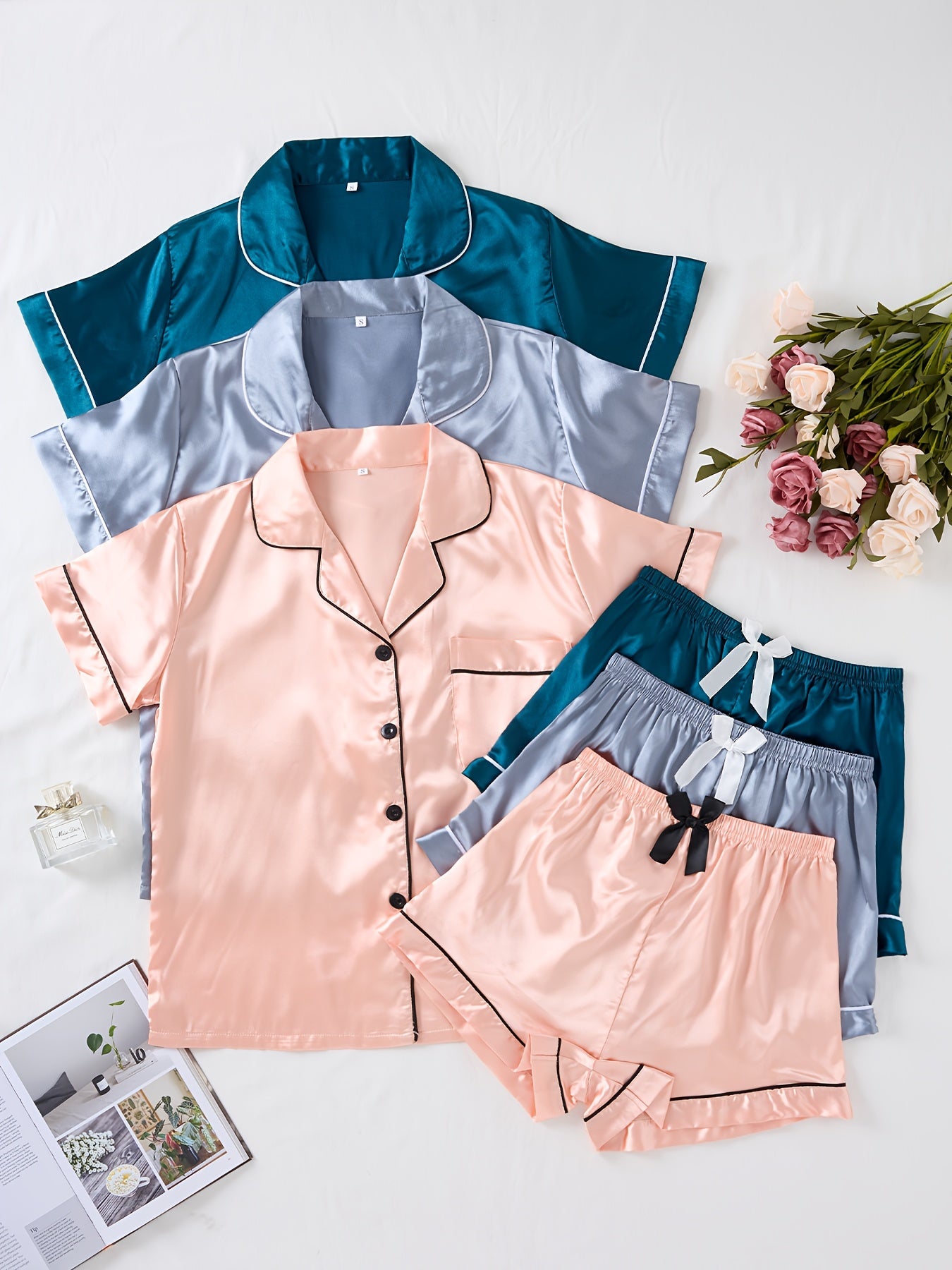 Three Sets of Satin Outfits. Short-Sleeved Collared Tops And Elastic Waistband Shorts, Suitable for Women'S Sleepwear And Loungewear, Women Short And Top Set, Short And Top Set Women, Women Short Set, Loungewear Women Set, Sh Good Vibrations