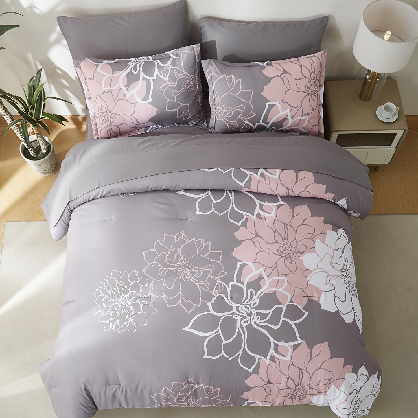 7Pcs Lightweight Boho Comforter Set - Stain-Resistant, Soft 100% Microfiber Cover, 100% Polyester Fiber Filling, Woven For Durability - Full/Queen/King Size Bed In A Bag For All Seasons, Floral Pattern Printed Bedding Good Vibrations