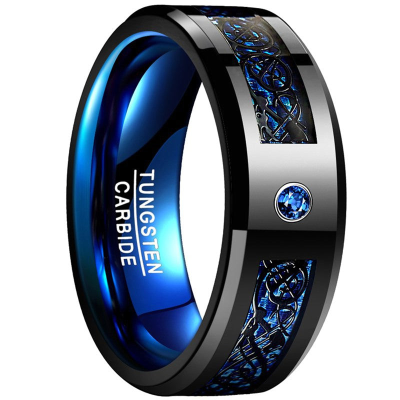 8Mm Wide Inlaid Black Dragon Pattern Blue Carbon Fiber Men'S Tungsten Ring USA Size 7-14, Without Battery Good Vibrations