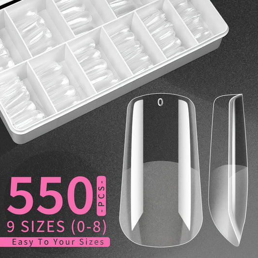 Clara Colors Nail Tips and Glue Gel Kit, 550Pcs Full Cover Soft Gel Fake Nails Tips and Nail Glue Kit with LED Nail Lamp, Medium Square Artificial False Nails Tips for Acrylic Nail Good Vibrations