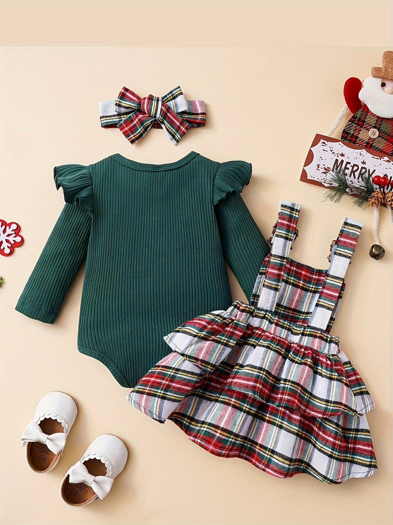Baby Autumn and Winter Clothing Set Baby Girls 0-18 Months Romper and Plaid Strap Skirt and Headband Good Vibrations