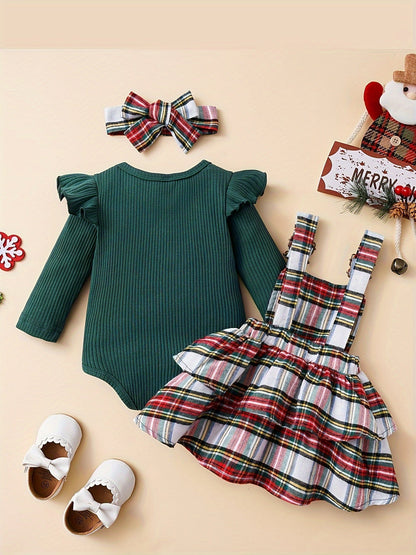 Baby Autumn and Winter Clothing Set Baby Girls 0-18 Months Romper and Plaid Strap Skirt and Headband Good Vibrations