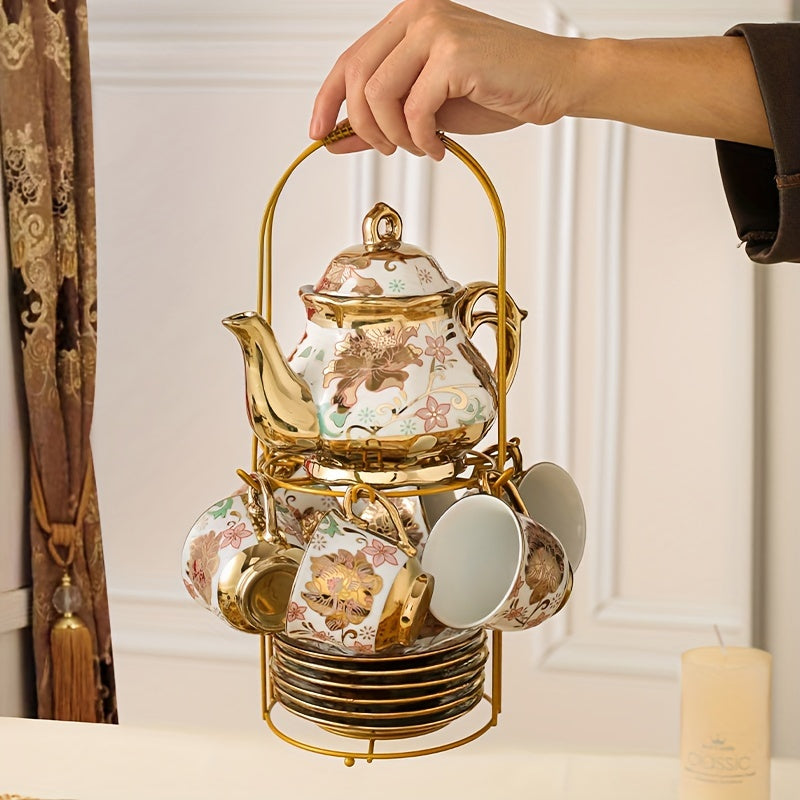 1set Ceramic Tea Set, European Style Afternoon Tea Set, With Metal Tea Set Holder, Blooming Tea Set, Tea Accessories, Gift For Tea Lover Good Vibrations