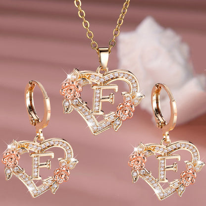 3pcs Women's Jewelry Set - Heart-Shaped Interlocking Link Necklace & Earrings with 26-Letter Monogram, Elegant Golden-Tone -Accented Letters, Dainty Everyday Gift for Mother's Day, Graduation, Birthdays (Pink & Clear Good Vibrations