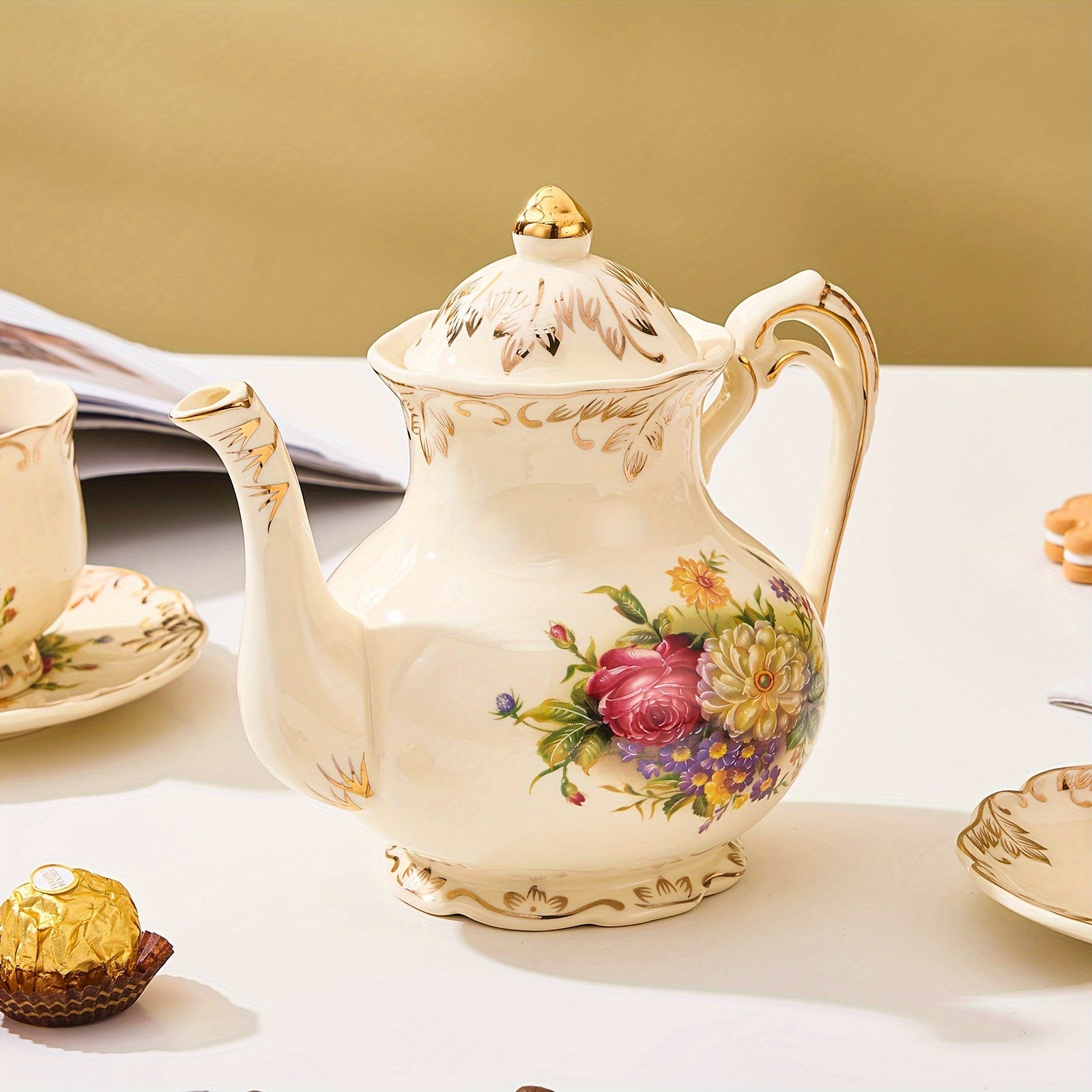 1pc Exquisite Floral Ceramic Coffee Pot - Retro Palace Style Blooming Tea Infuser, European-Inspired Afternoon Tea Set, Round Shaped, Flowers Patterned, Perfect for Home, Office, Hotel, Christmas, Thanksgiving, Valentines Day Good Vibrations