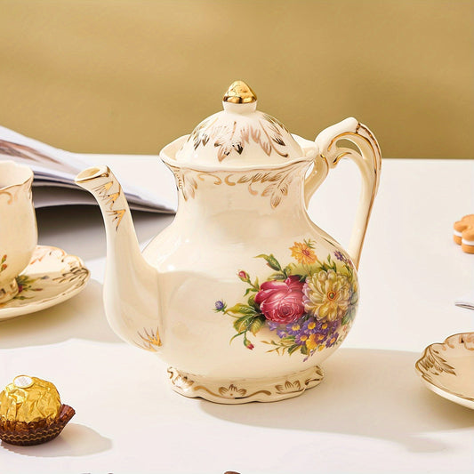 1pc Exquisite Floral Ceramic Coffee Pot - Retro Palace Style Blooming Tea Infuser, European-Inspired Afternoon Tea Set, Round Shaped, Flowers Patterned, Perfect for Home, Office, Hotel, Christmas, Thanksgiving, Valentines Day Good Vibrations