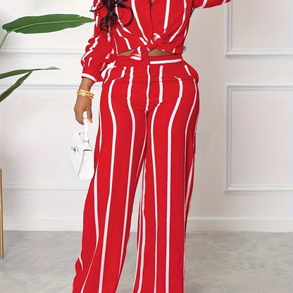 [Two-piece Set Long Sleeve Shirt] Striped Print Two-piece Set, Button Front Collar Long Sleeve Shirt & High Waist Wide Leg Loose Pants Set, Women's Clothing Good Vibrations