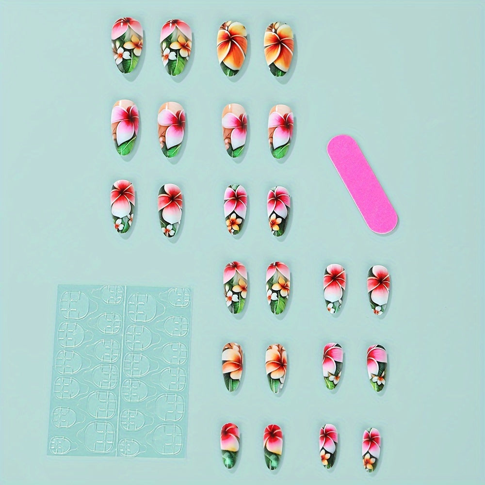 Mixed Color Floral Oval Long Press On Nails with Glossy Finish, French Almond Shape Faux Nail Tips Set, Water Drop Design Adhesive Nail Art Kit YA-28 Good Vibrations