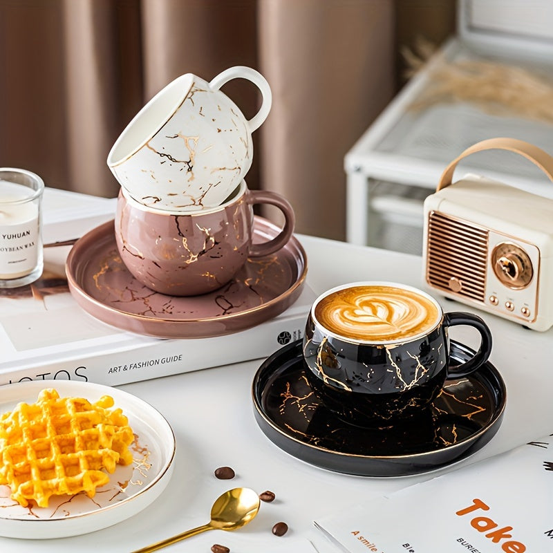 Set, Marble Print Teacup And Saucer, Ceramic Coffee Cup And Saucer Plate Good Vibrations