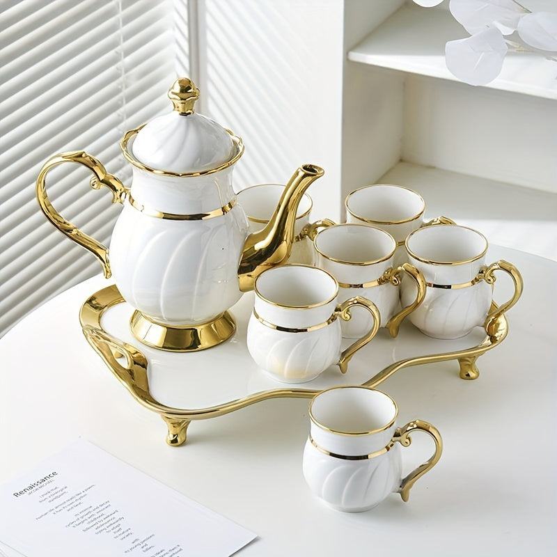14-Pieces Luxurious Porcelain Teapot Set - Includes Ceramic Coffee Cups, Teacups, Golden Spoon, Tea Party Tray Holder, and Gift Sets for Elegant Entertaining Good Vibrations
