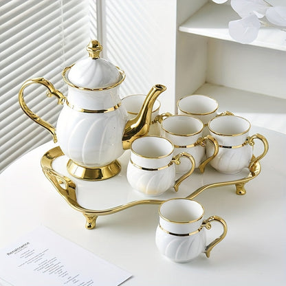 14-Pieces Luxurious Porcelain Teapot Set - Includes Ceramic Coffee Cups, Teacups, Golden Spoon, Tea Party Tray Holder, and Gift Sets for Elegant Entertaining Good Vibrations