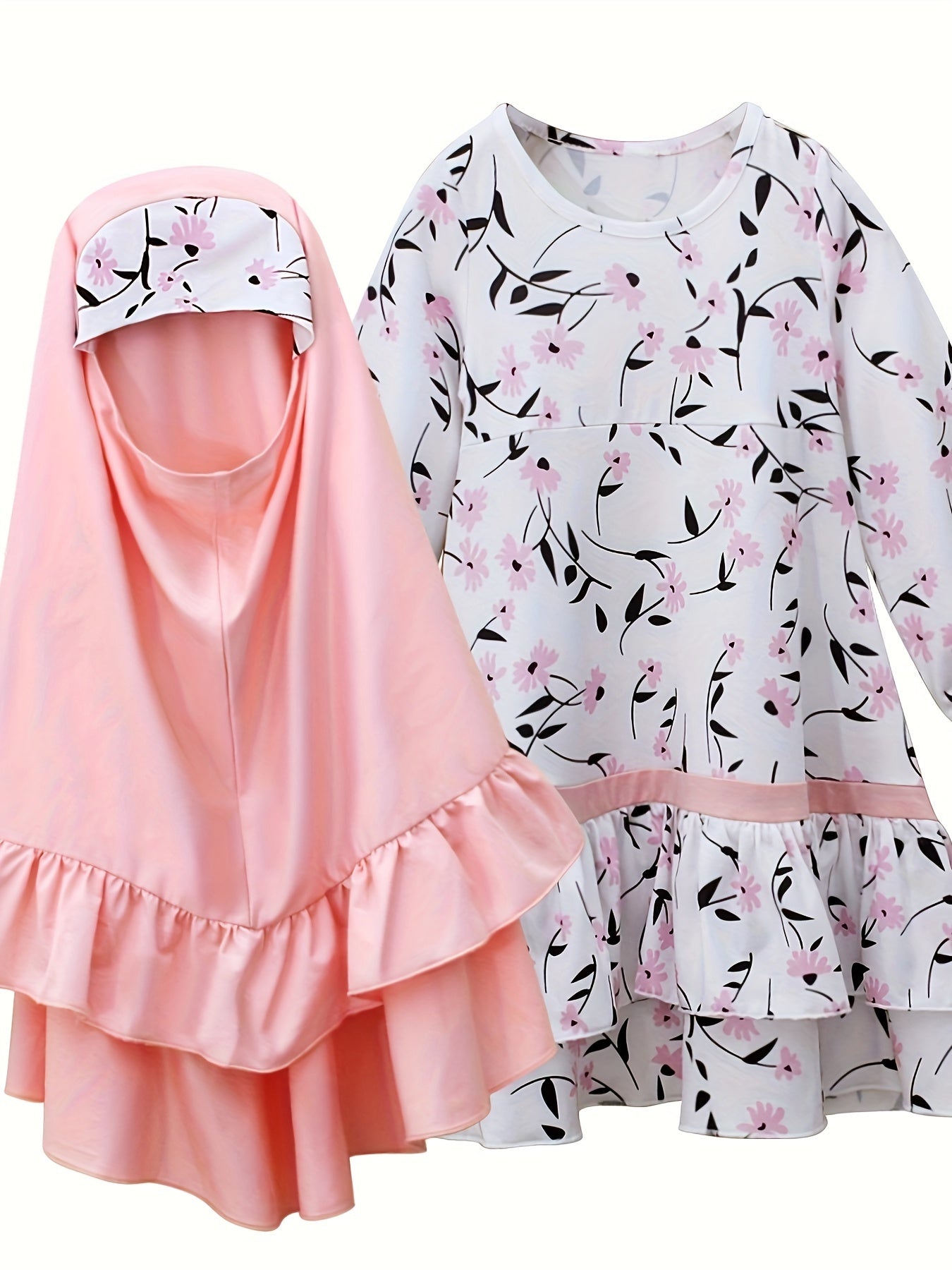 Girls Spring and Autumn Muslim Traditional Ethnic Clothing Set Long Sleeve Floral Dress + Headscarf Two-piece Set Good Vibrations