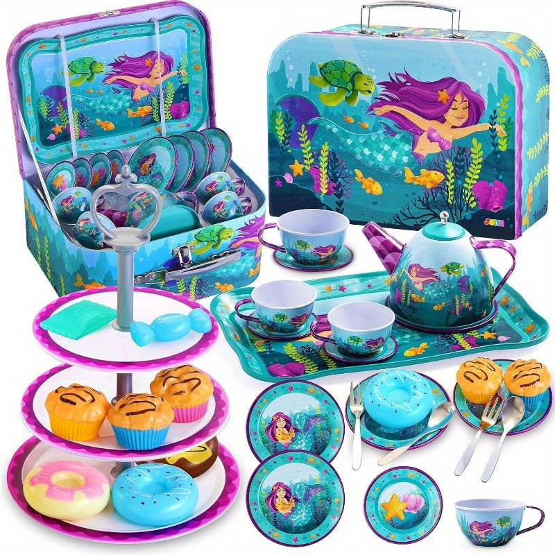 35pcs Mermaid Tea Party Set for Kids, Dress Up & Pretend Play, Pretend Tin Teapot Set, Princess Tea Time Play Kitchen Toy with Dessert, Doughnut, Carrying Case Birthday Easter Gifts for Toddlers Good Vibrations