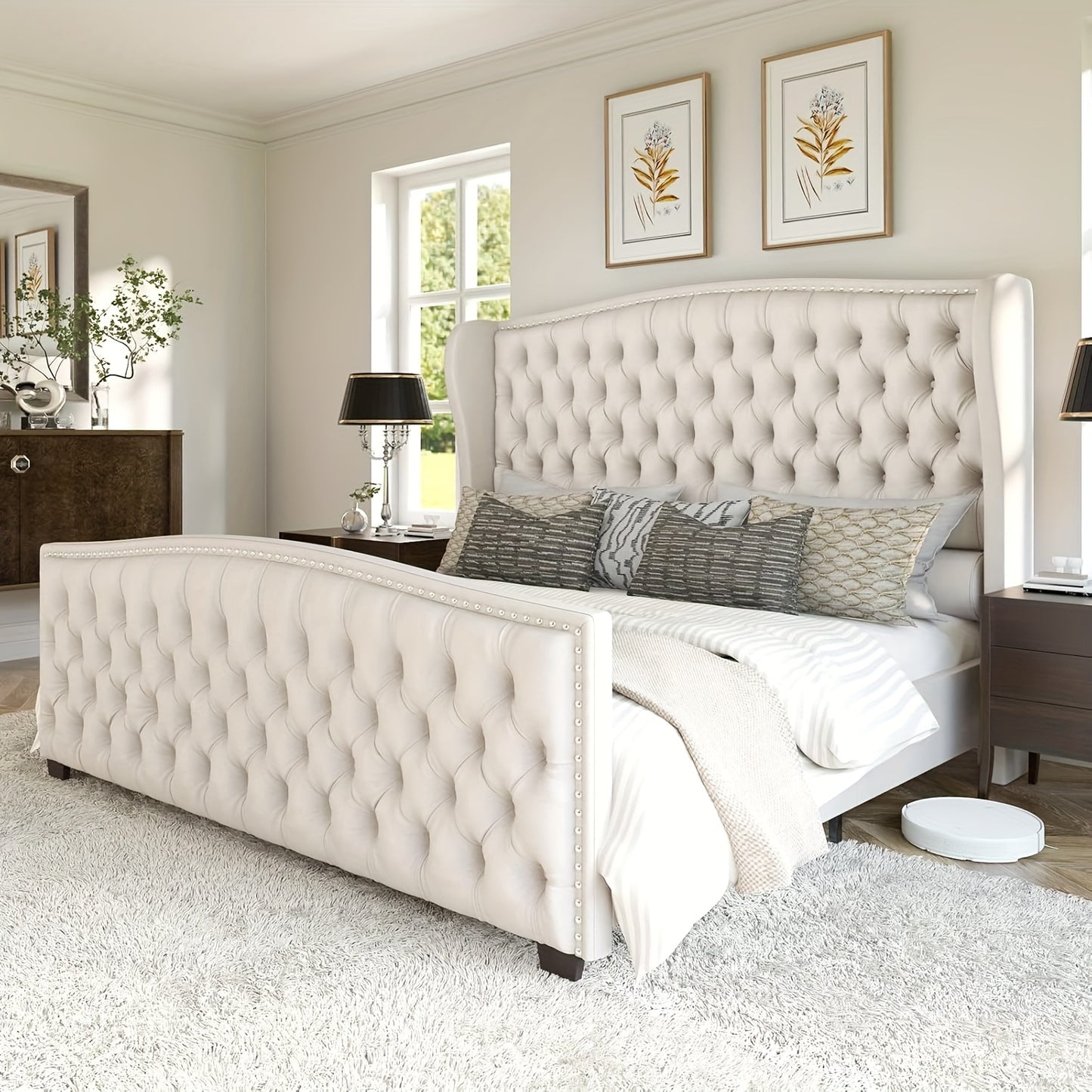 Luxurious Velvet Upholstered Platform Bed Frame with Deep Button Tufted Wingback Headboard & Nailhead Trim - No Box Spring Required, Sturdy Hardwood & High-Density Fiberboard Construction, Easy Assembly Modern Bedroom Furnitu Good Vibrations