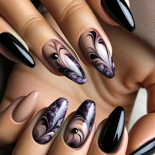 24-Piece Set Almond Shaped Nail Tips with Striped and Aura Patterns, Glossy Finish, Medium Length - Elegant Black and Purple Tones Good Vibrations