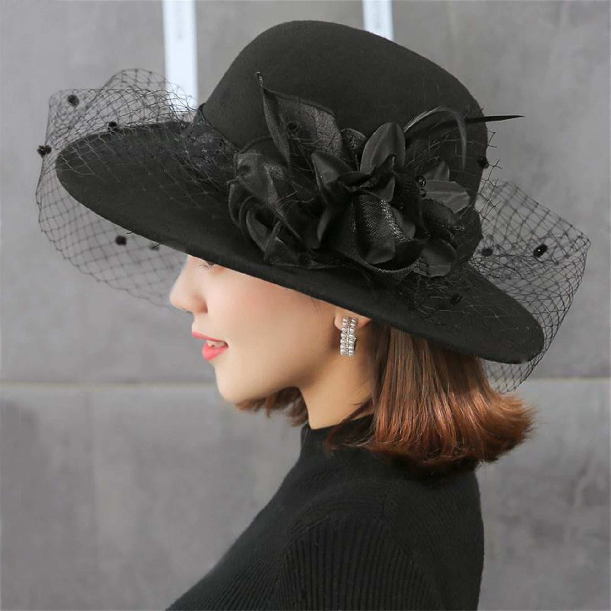 Women's Wide Brim Fedora Hat with Black Lace Veil & Floral Decor - Non- Derby Cap for Church, Bridal Tea Party, Formal Events Good Vibrations