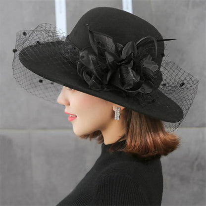 Women's Wide Brim Fedora Hat with Black Lace Veil & Floral Decor - Non- Derby Cap for Church, Bridal Tea Party, Formal Events Good Vibrations