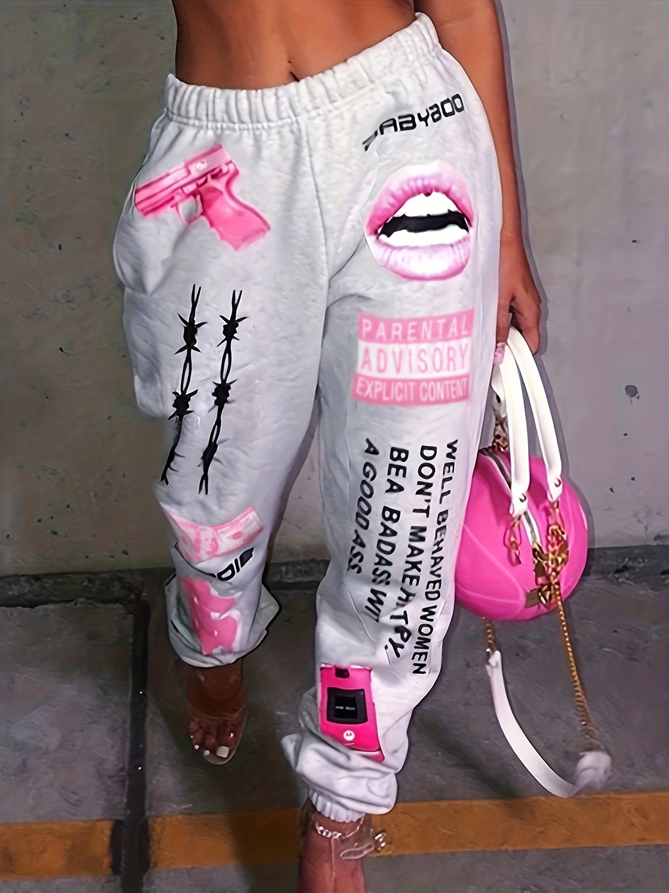 Women's Print Fashion Elastic Waist Sports Casual Sweater Oversize Pants Bottom TB5553 Plus Good Vibrations