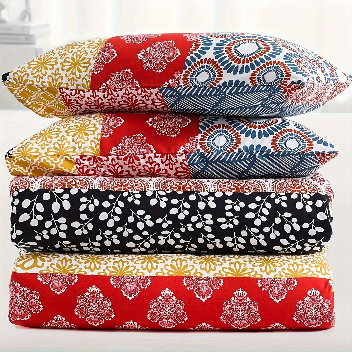 SLEEPBELLA Comforter Set, Soft Microfiber All Season Comforter, Colorful Boho Design with Red Bohemian Striped Pattern, Down Alternative Machine Washable Good Vibrations