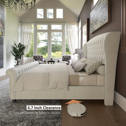 Platform Bed Frame, Chenille Upholstered Sleigh Bed with Scroll Wingback Headboard & Footboard/Button Tufted/No Box Spring Required/ Good Vibrations