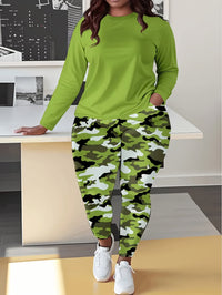 [Camouflage Printed Set] Plus Size - Plus Size - Plus Size - Women's Casual Camouflage Printed Long Sleeve T-Shirt & Sweatpants Set - Green, White, And Black, Round Neck, Medium Stretch, Pockets, Perfect for Casual Attire, Ev Good Vibrations