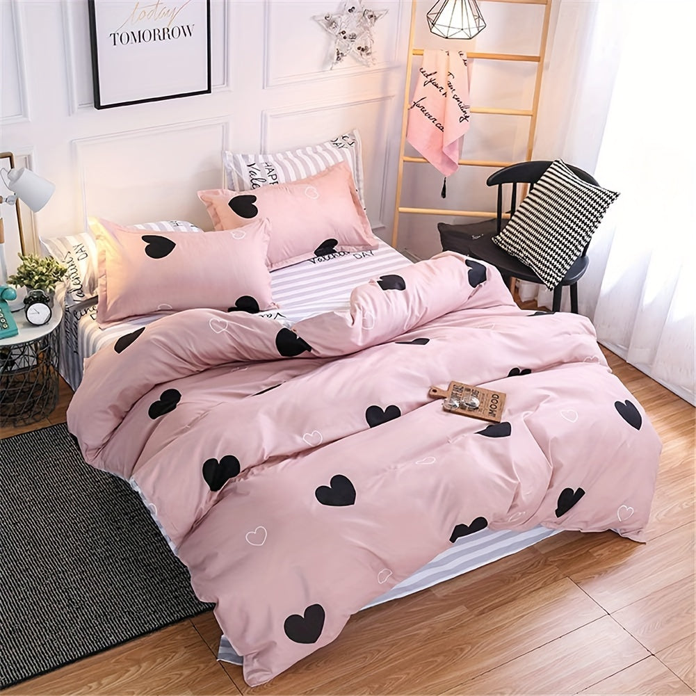 Blush Pink Love Heart Print Duvet Cover Queen Black And Dusty Rose Bedding Set 3 Pieces, Reversible Blue White Striped Microfiber Comforter Cover For Women Good Vibrations
