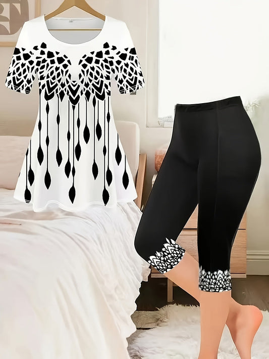 Fashion Round Neck Printed Short-sleeved T-shirt with Capri Pants for Women Set Good Vibrations
