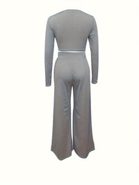 Two-piece Long Sleeve & Long Length Solid Casual Crew Neck Outfits, Women's Clothing Set Good Vibrations
