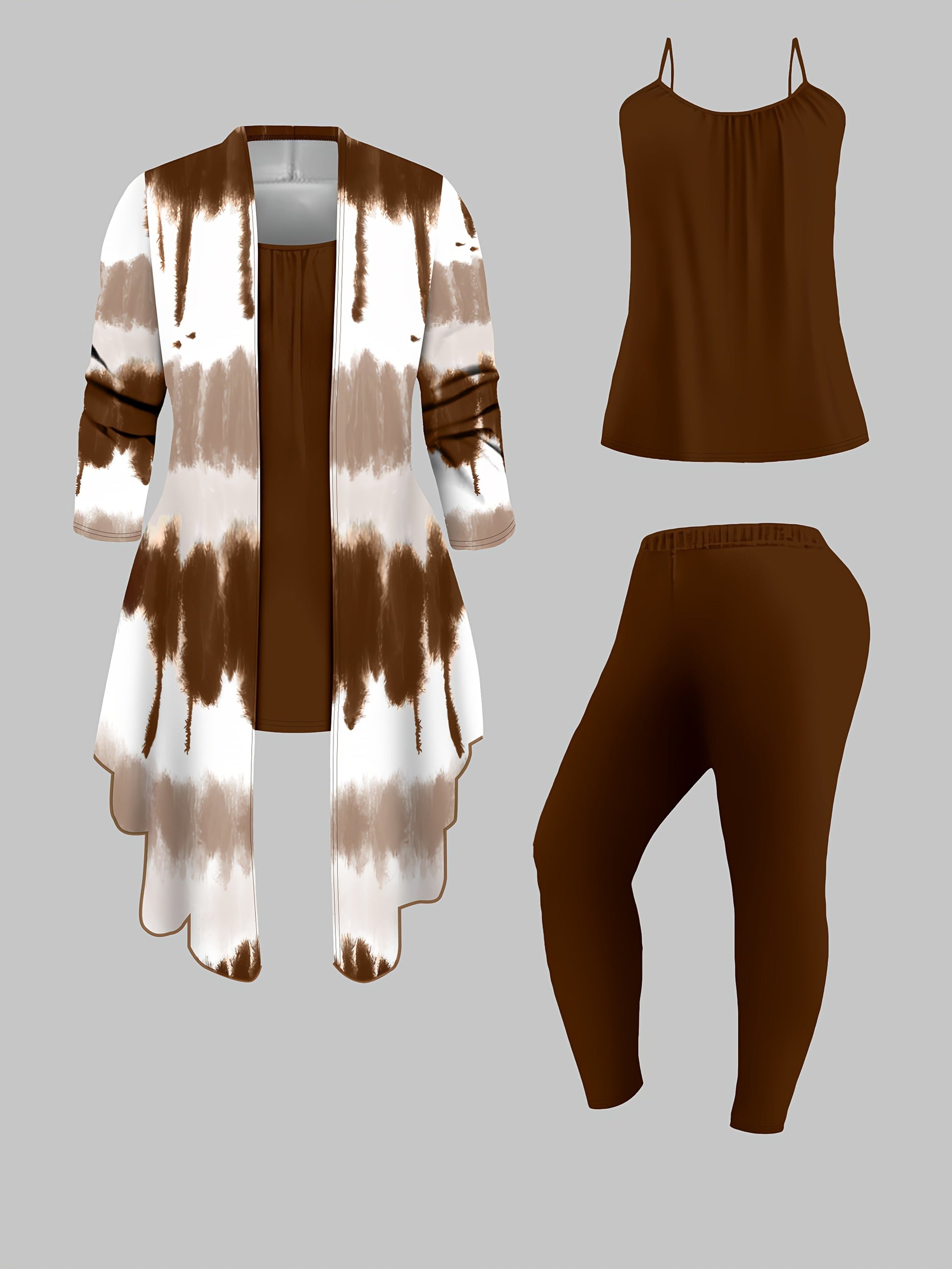 Three-Piece Plus Size Tie Dye Open Front Top & Solid Color Cami Top & Elastic Waist Pants Outfits, Women's Casual Clothing Set Good Vibrations