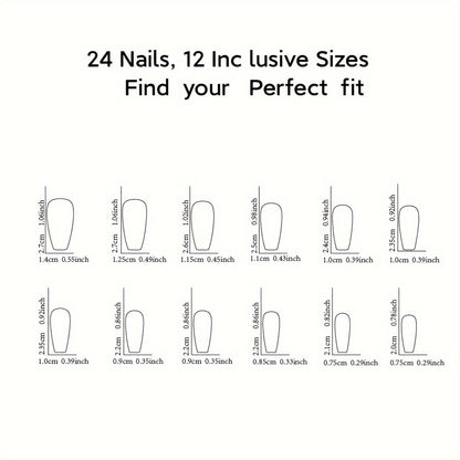 24 Pcs Black Striped Glitter Press-On Nail Tips with Jelly Glue and Nail File Good Vibrations