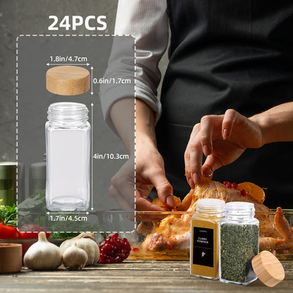 24 Glass Spice Jars with Label, Bamboo Spice Jar Set 4oz Seasoning Containers with Labels, with 2pcs Pepper Grinder, Spice Bottles Funnel, Empty Spice Jars and Shaker Lids Spice Containers Good Vibrations
