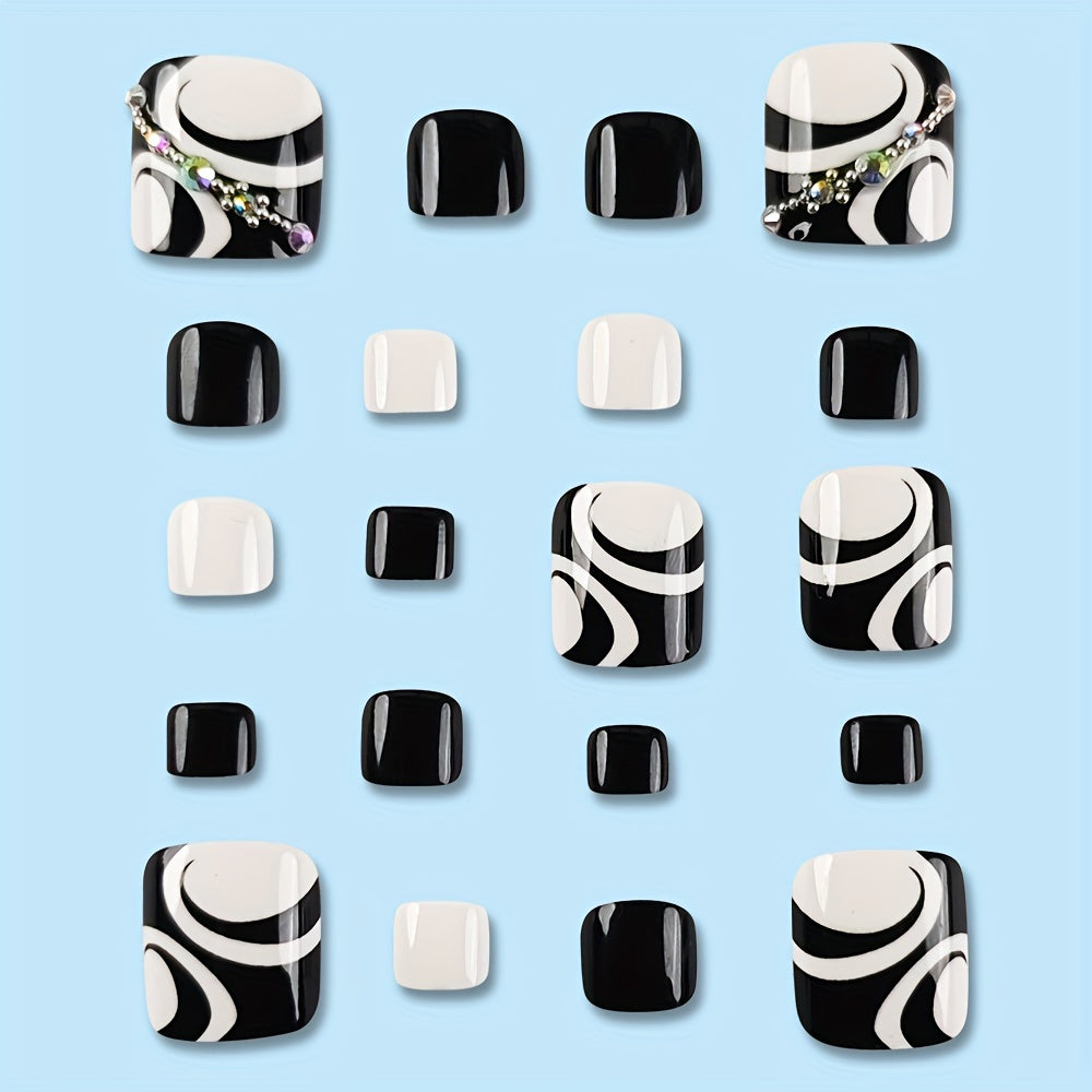 24-Piece Black Square Short Nail Tips Set with Glitter Accent and 3D Rhinestone Stripes - Glossy Finish Good Vibrations