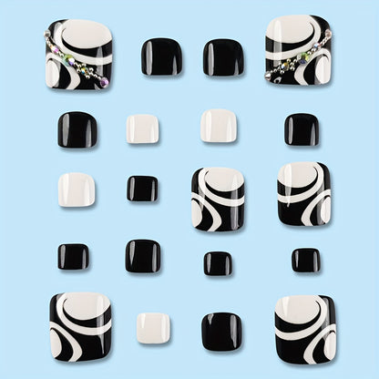 24-Piece Black Square Short Nail Tips Set with Glitter Accent and 3D Rhinestone Stripes - Glossy Finish Good Vibrations