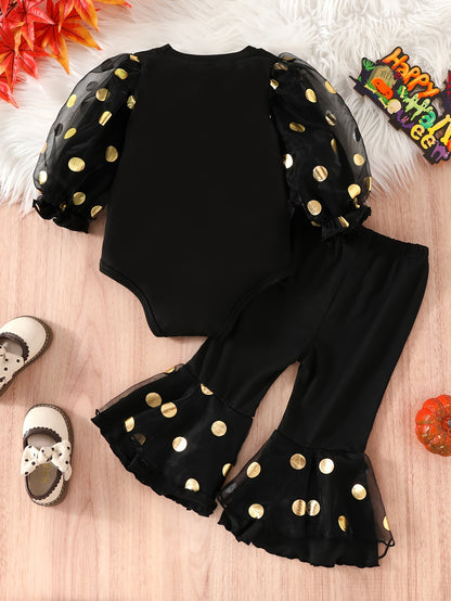 2pcs Baby's Polka Dots Mesh Sleeve Bodysuit + Trendy Bell-bottom Pants, Toddler & Infant Girl's Clothing Set For Halloween Good Vibrations