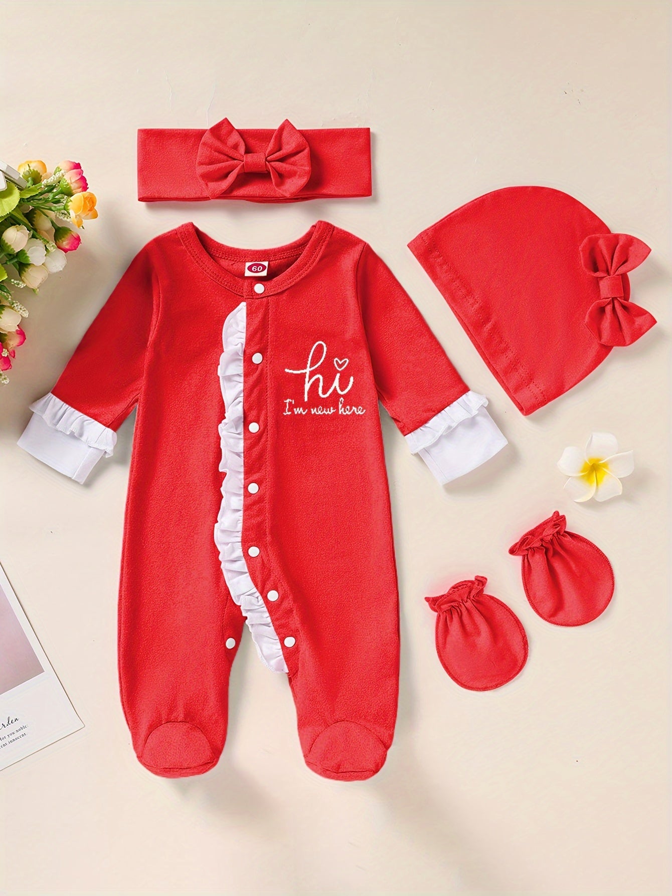 Newborn Baby Girl Clothes, Letter Print Footed Romper Jumpsuit & Headband & Hat & Baby Mittens, Cute Infant Clothing Set Good Vibrations