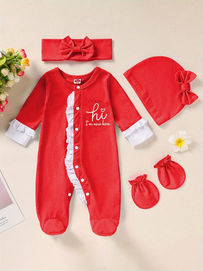 Newborn Baby Girl Clothes, Letter Print Footed Romper Jumpsuit & Headband & Hat & Baby Mittens, Cute Infant Clothing Set Good Vibrations