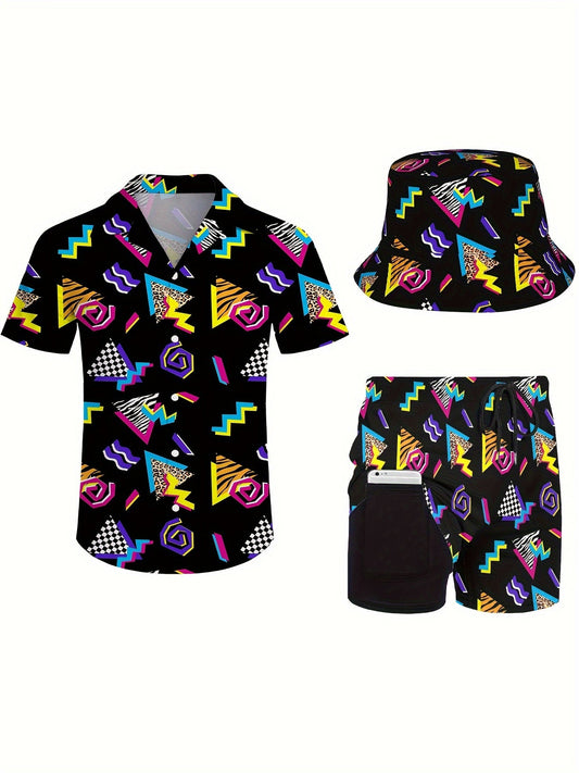 Men's 3pcs retro Outfit beach set, 80s 90s sportswear, Hawaiian sportswear set, shirt beach shorts and fisherman hat Bucket Hat Good Vibrations