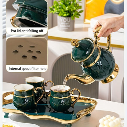 14-Pieces Luxurious Porcelain Teapot Set - Includes Ceramic Coffee Cups, Teacups, Golden Spoon, Tea Party Tray Holder, and Gift Sets for Elegant Entertaining Good Vibrations